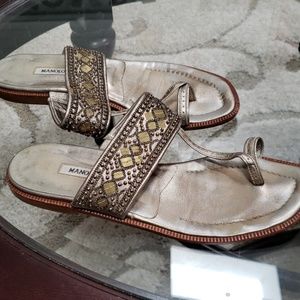 Manolo Blahnik size 381/2 gold beaded sandals